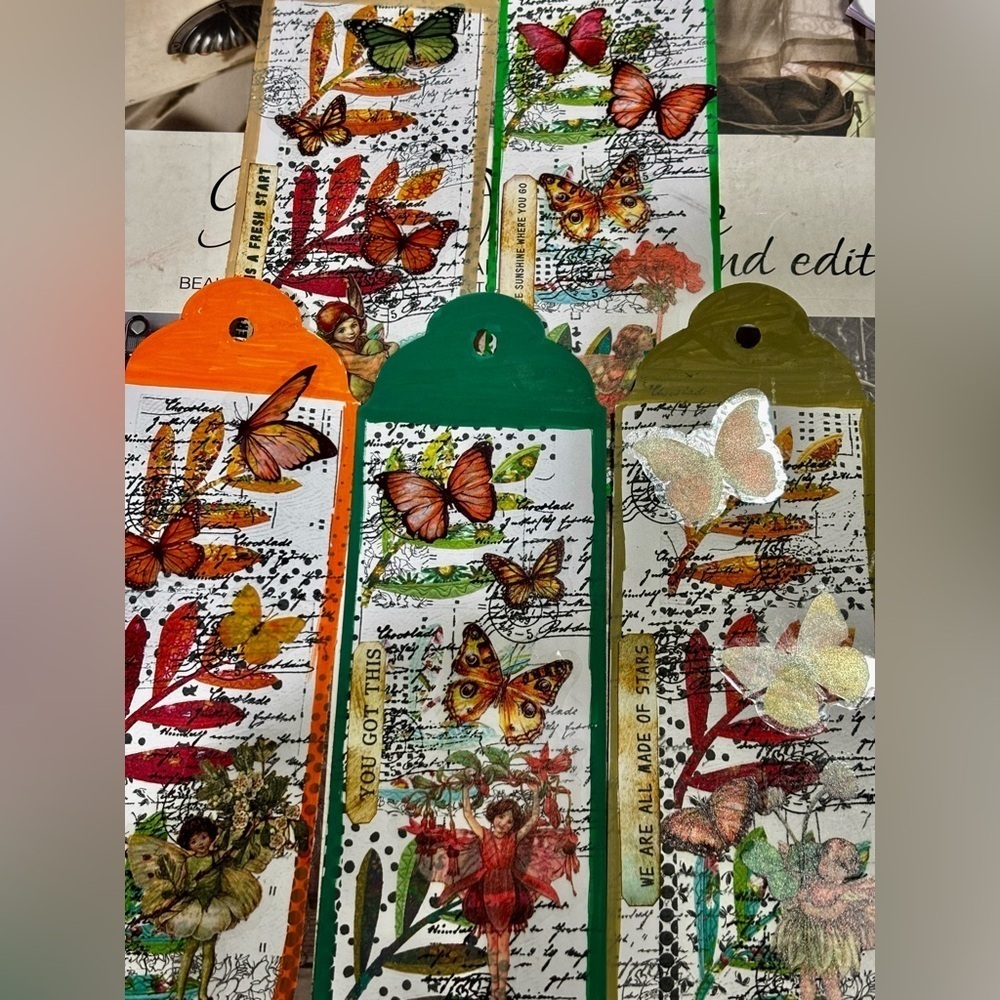 Colorful Butterfly tag set handmade mixed media junk journal ephemera